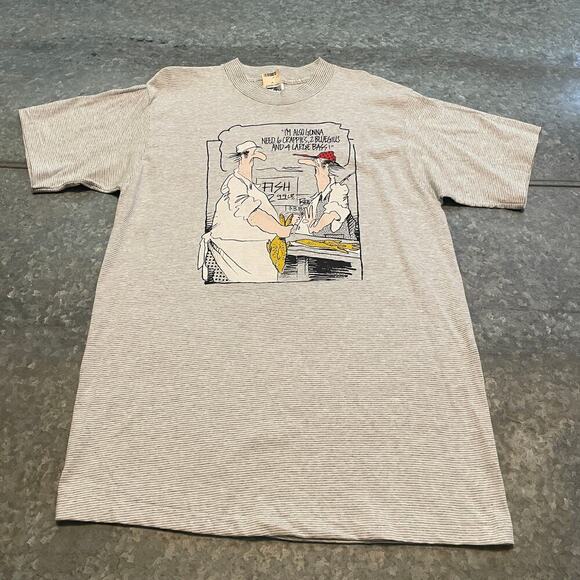 Vintage NOS Fishing Tee Shirt Mens Large Striped USA Comic Funny Dad NWT 90s - Picture 1 of 10